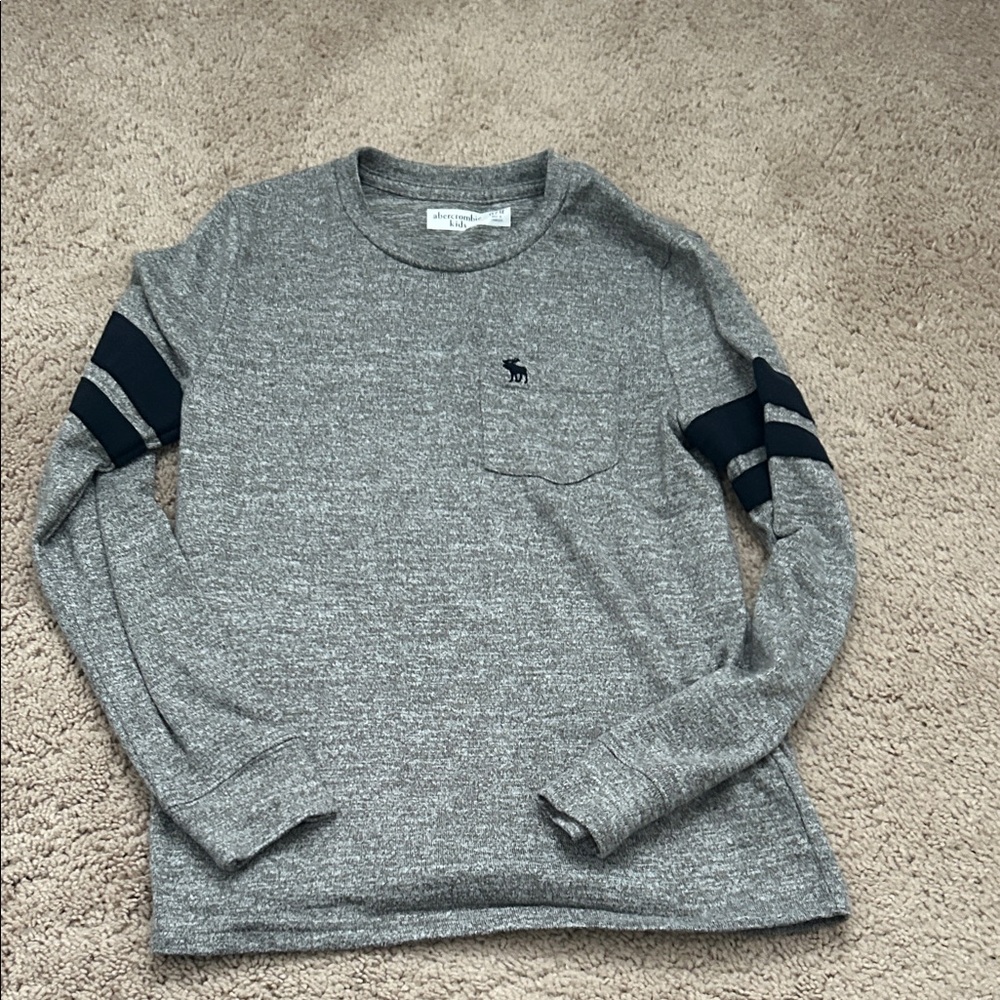 abercrombie kids Gray Crewneck Sweater with Navy Sleeve Stripes